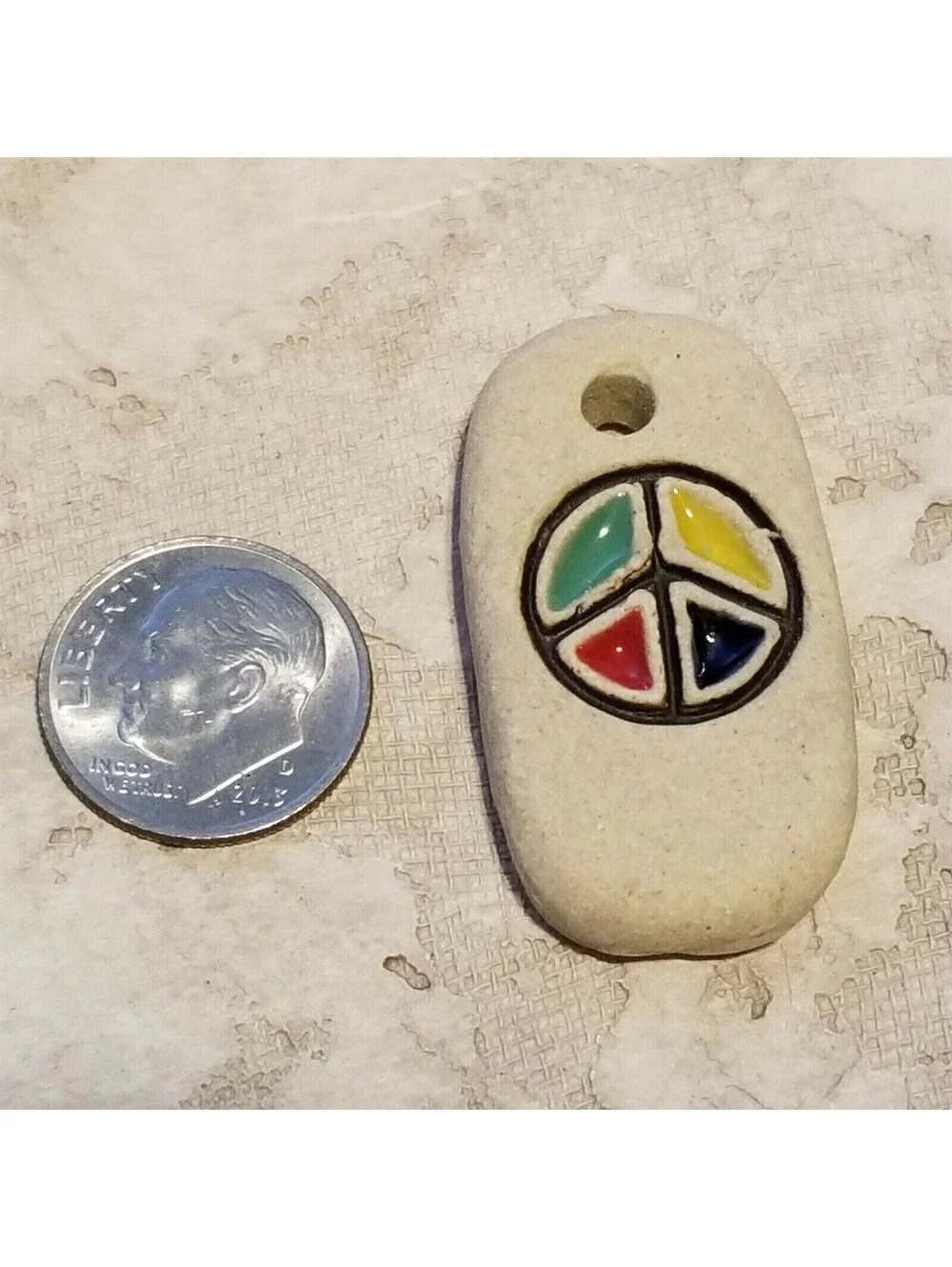 Cream Blue Green Yellow Red Partial Glaze 37x20mm Ceramic Peace Sign Pendant